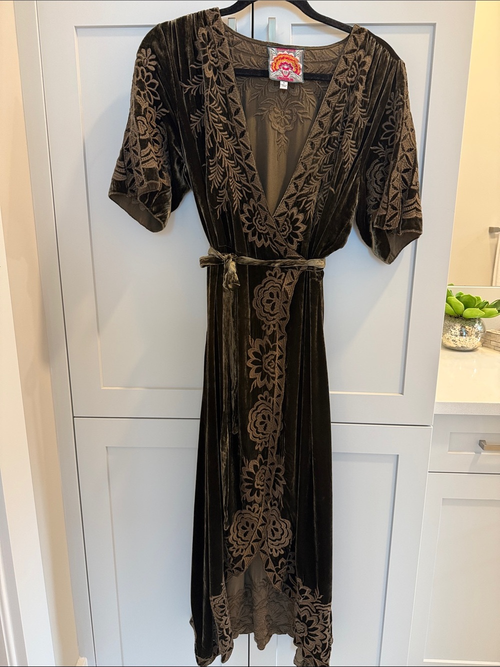 Johnny Was Brown Velvet Embroidered Wrap Dress